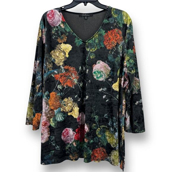 New Calessa Romantic Floral Velvet V-Neck Shirt Womens Plus Sz 2X Black Portrait - Picture 1 of 7